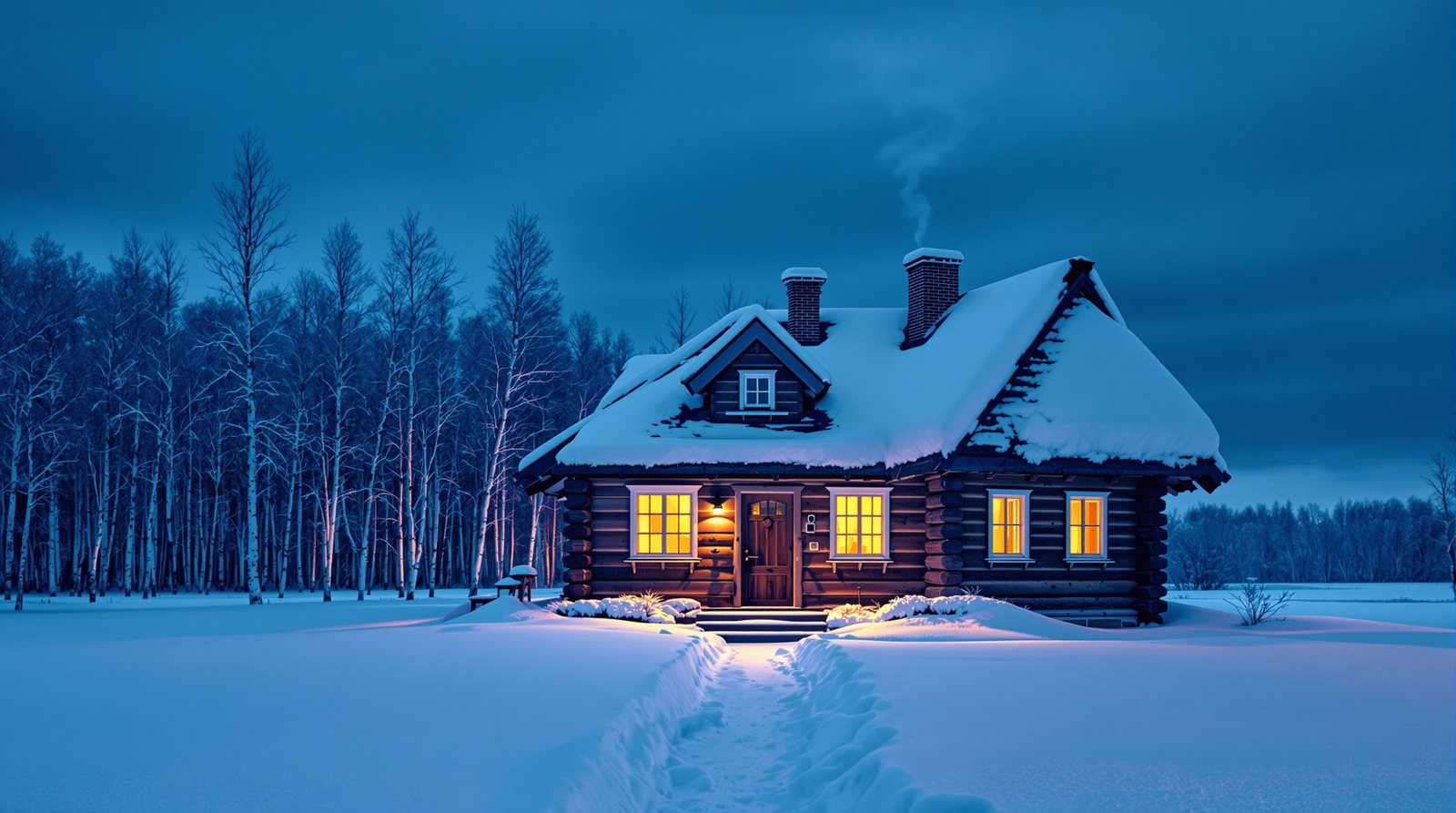 Guļbaļķu lauku māja ziemas vakarā ar dūmiem no skursteņa